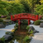 Pont japonais traditionnel en bois rouge dans un jardin zen avec ruisseau et plantes.