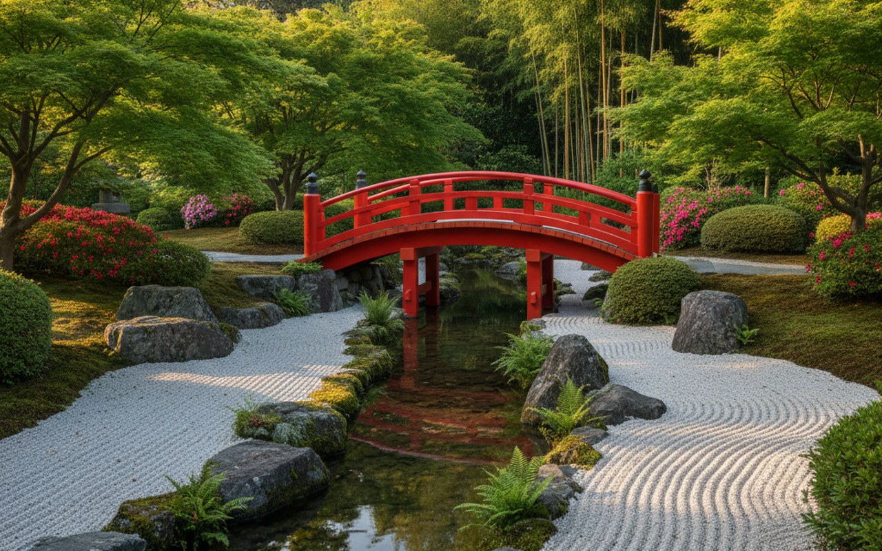 Pont japonais traditionnel en bois rouge dans un jardin zen avec ruisseau et plantes.