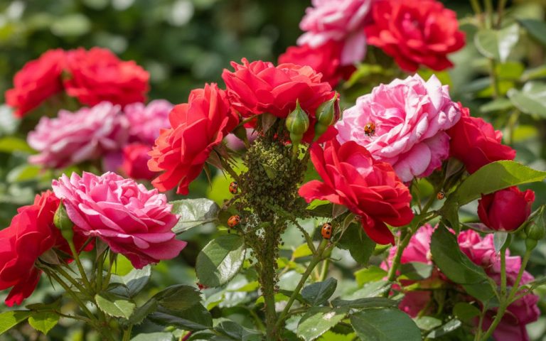 Rosier avec pucerons et coccinelles dans un jardin équilibré.