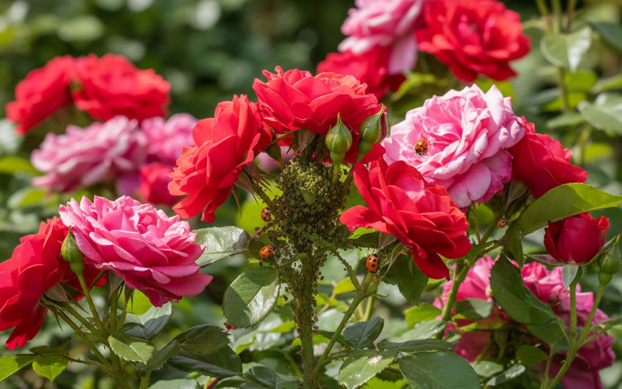 Rosier avec pucerons et coccinelles dans un jardin équilibré.