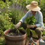 Un jardinier prépare du purin de consoude dans son jardin, illustrant la liberté de jardiner.