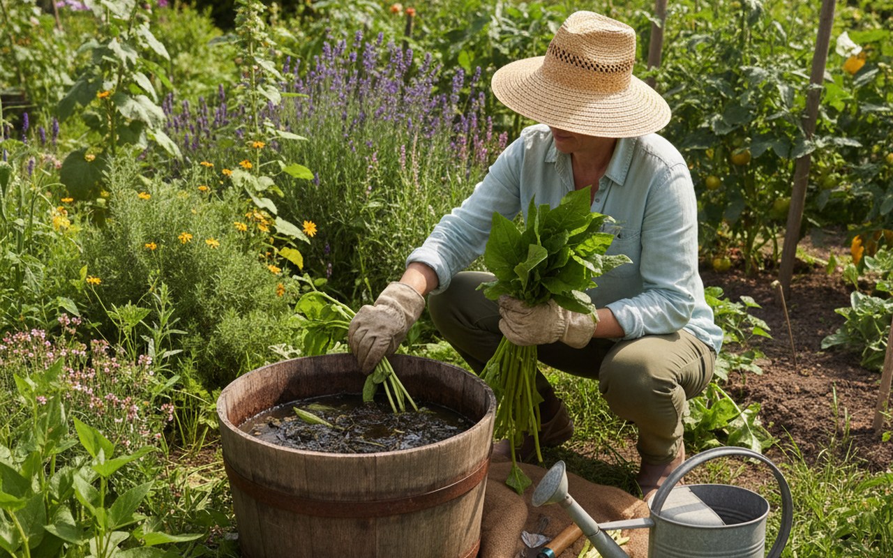 Un jardinier prépare du purin de consoude dans son jardin, illustrant la liberté de jardiner.