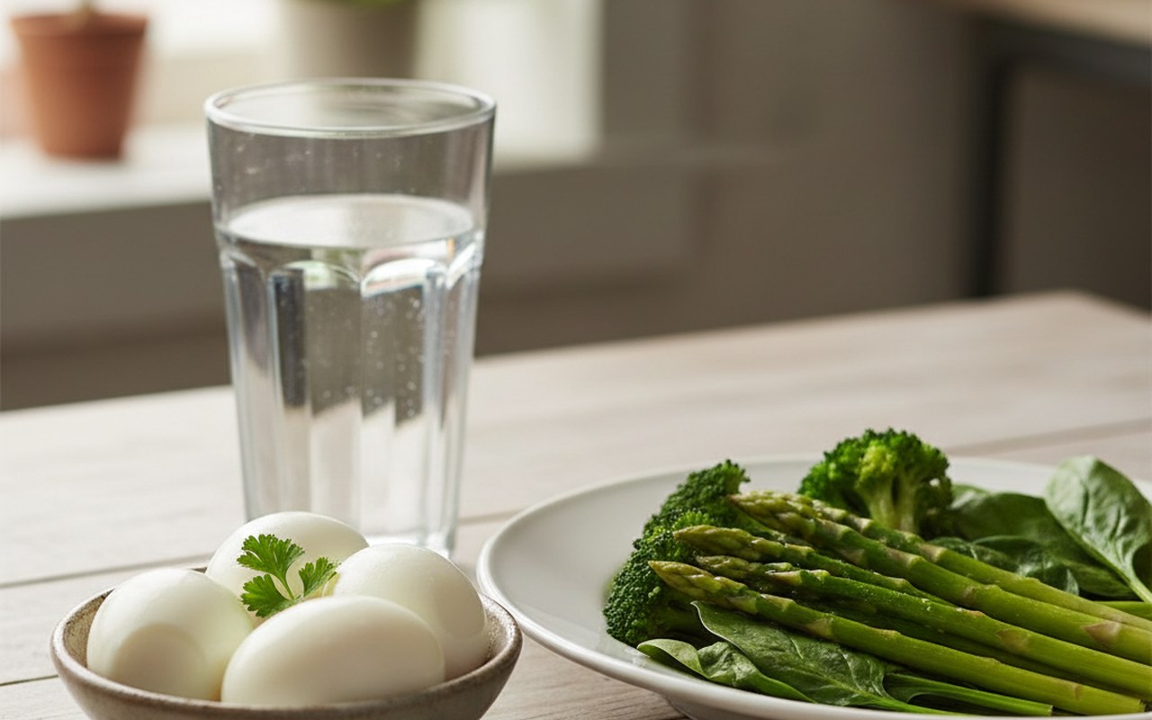 Petit-déjeuner équilibré avec œufs durs et légumes cuits à la vapeur.