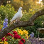 Tourterelle dans un jardin verdoyant, symbole de paix et d'harmonie.