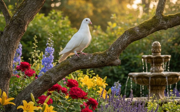 Tourterelle dans un jardin verdoyant, symbole de paix et d'harmonie.