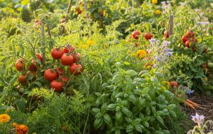 Un potager avec des légumes associés comme tomates, carottes et basilic, illustrant les bonnes pratiques de culture.