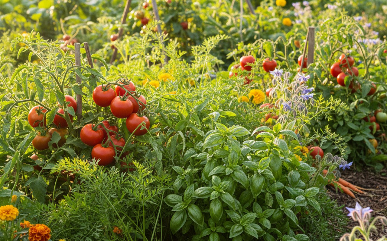 Un potager avec des légumes associés comme tomates, carottes et basilic, illustrant les bonnes pratiques de culture.
