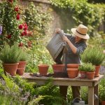 Un jardinier utilise du terreau Lidl pour ses plantations dans un jardin florissant.