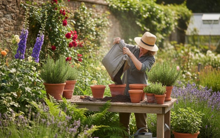 Un jardinier utilise du terreau Lidl pour ses plantations dans un jardin florissant.