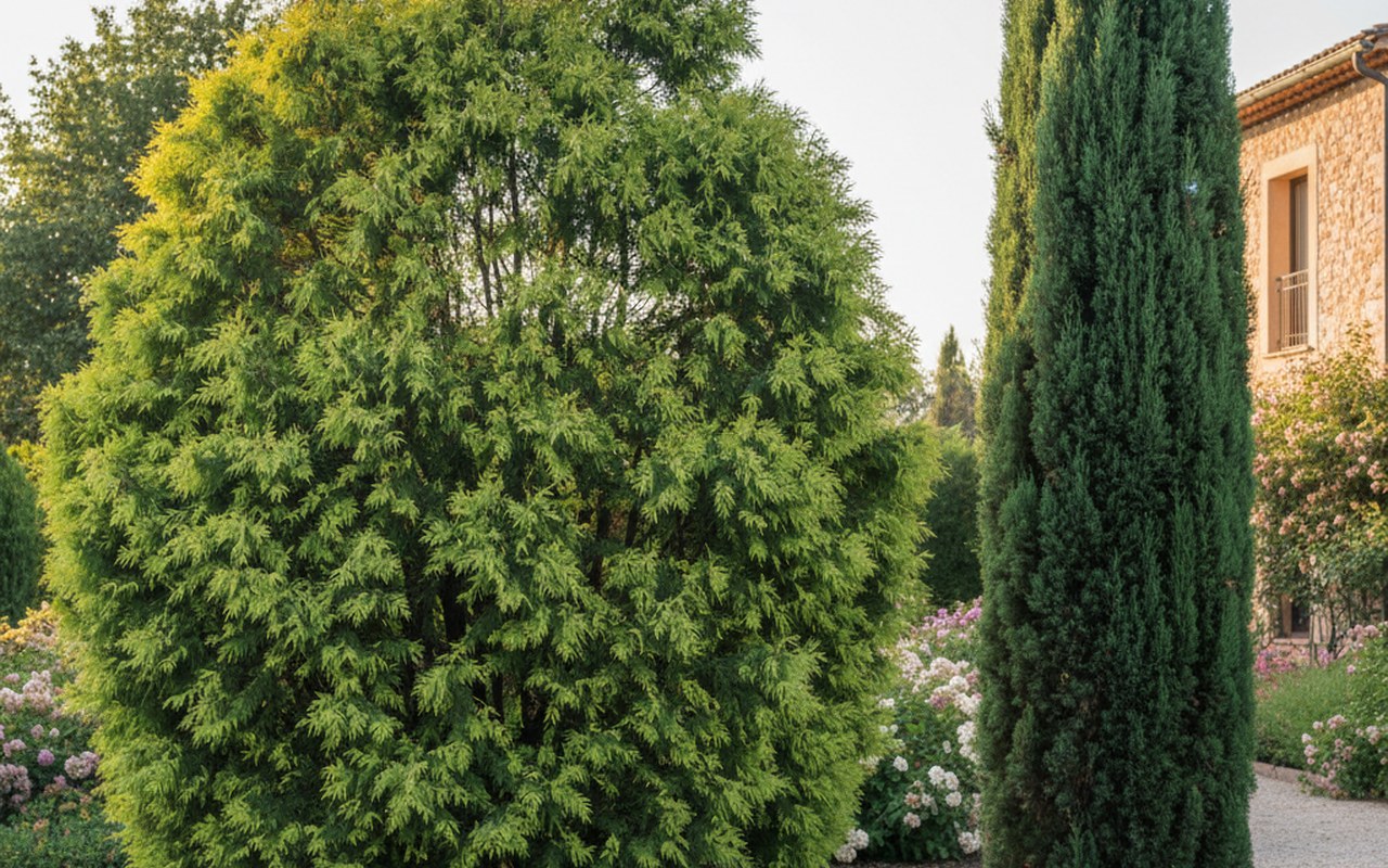 Comparaison entre un thuya et un cyprès dans un jardin, montrant leurs différences de feuillage.