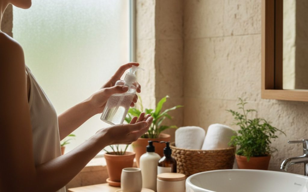 Femme utilisant un gel doux pour l'hygiène intime dans une salle de bain apaisante.
