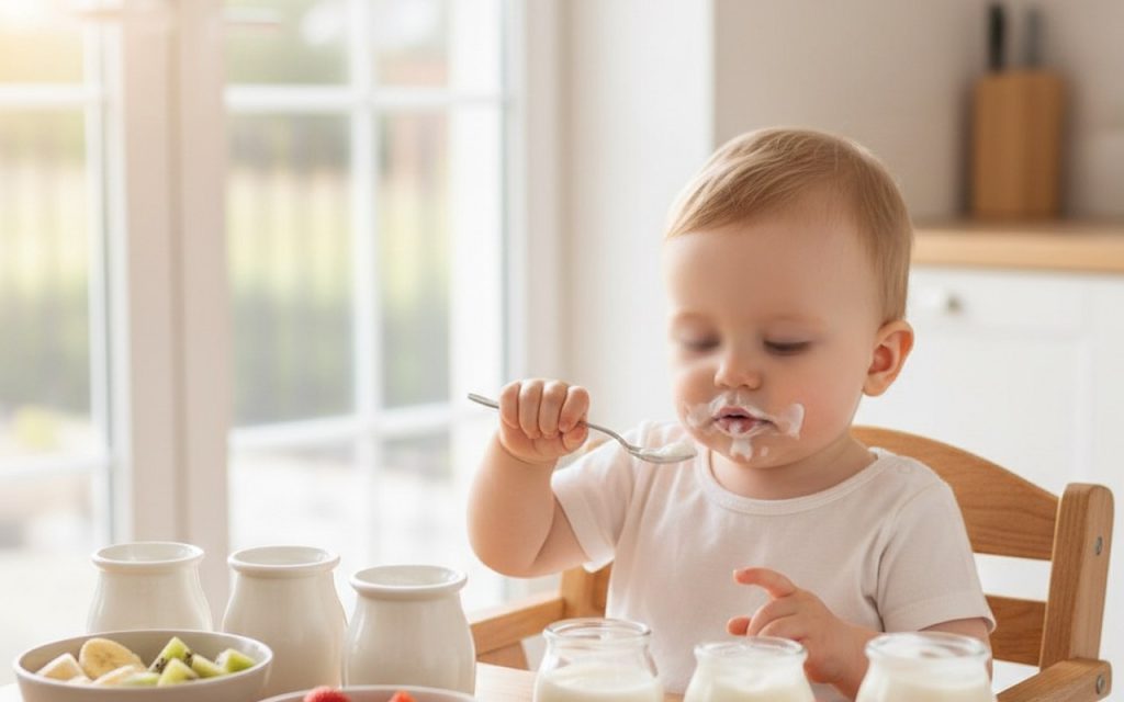 Bébé goûtant un yaourt sans lactose avec des fruits frais autour.