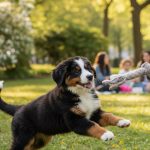 Un bouvier bernois nain jouant dans un parc urbain, illustrant son caractère affectueux.