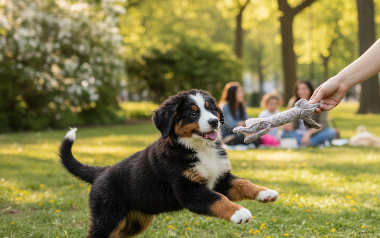 Un bouvier bernois nain jouant dans un parc urbain, illustrant son caractère affectueux.