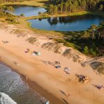 Plage des Landes avec des surfeurs et des familles, entourée de pins et de lacs.