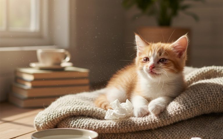 Un chaton présentant des symptômes de coryza dans un environnement domestique.
