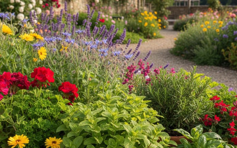 Jardin avec des plants de menthe citronnée en pot et des fleurs colorées.