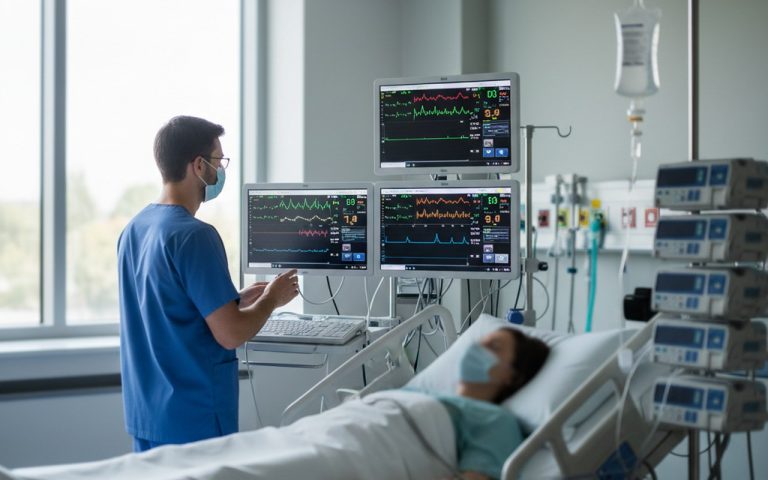 Surveillance médicale en soins intensifs avec des appareils modernes.