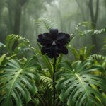 Orchidée noire en floraison dans un environnement tropical luxuriant.
