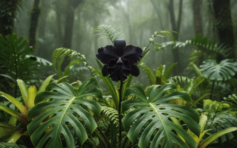Orchidée noire en floraison dans un environnement tropical luxuriant.
