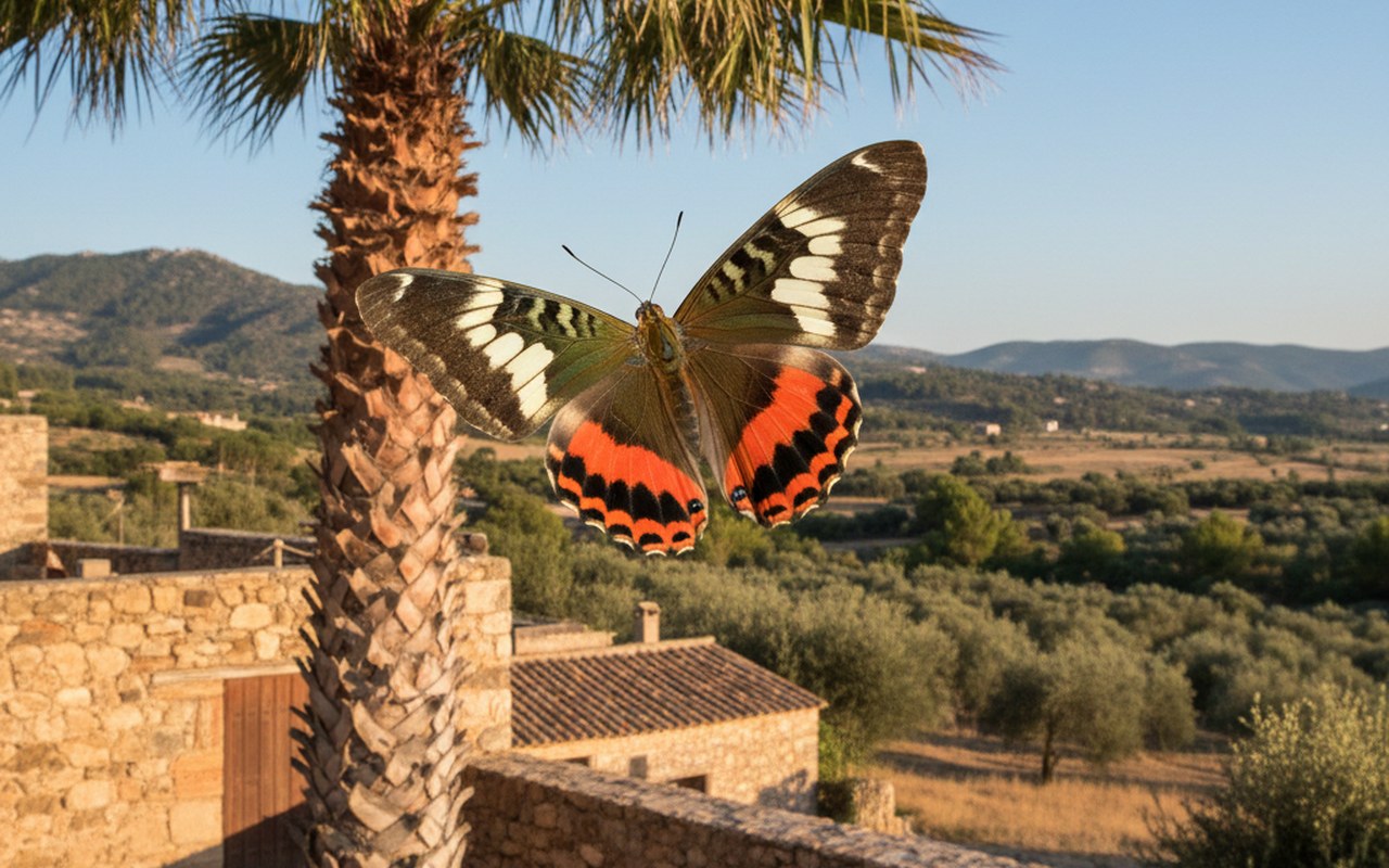 Papillon du palmier en vol près d'un palmier, ailes brun-olive et rouge-orangé.