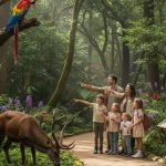 Visiteurs observant des animaux au parc animalier de la Grande Jeanne, cerf et perroquet en arrière-plan.