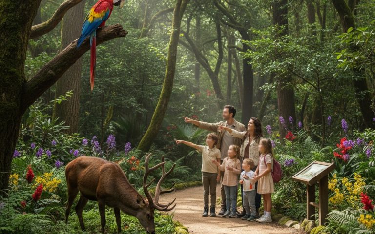 Visiteurs observant des animaux au parc animalier de la Grande Jeanne, cerf et perroquet en arrière-plan.