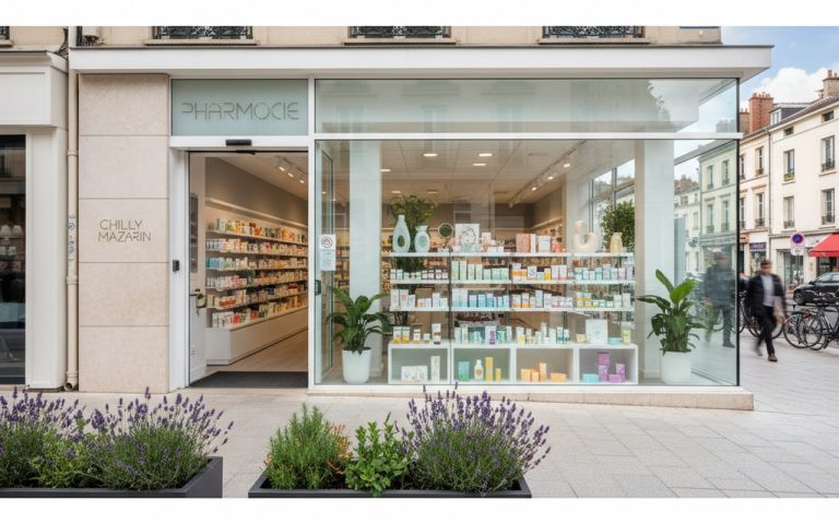 Pharmacie moderne à Chilly-Mazarin avec des produits de santé en vitrine.