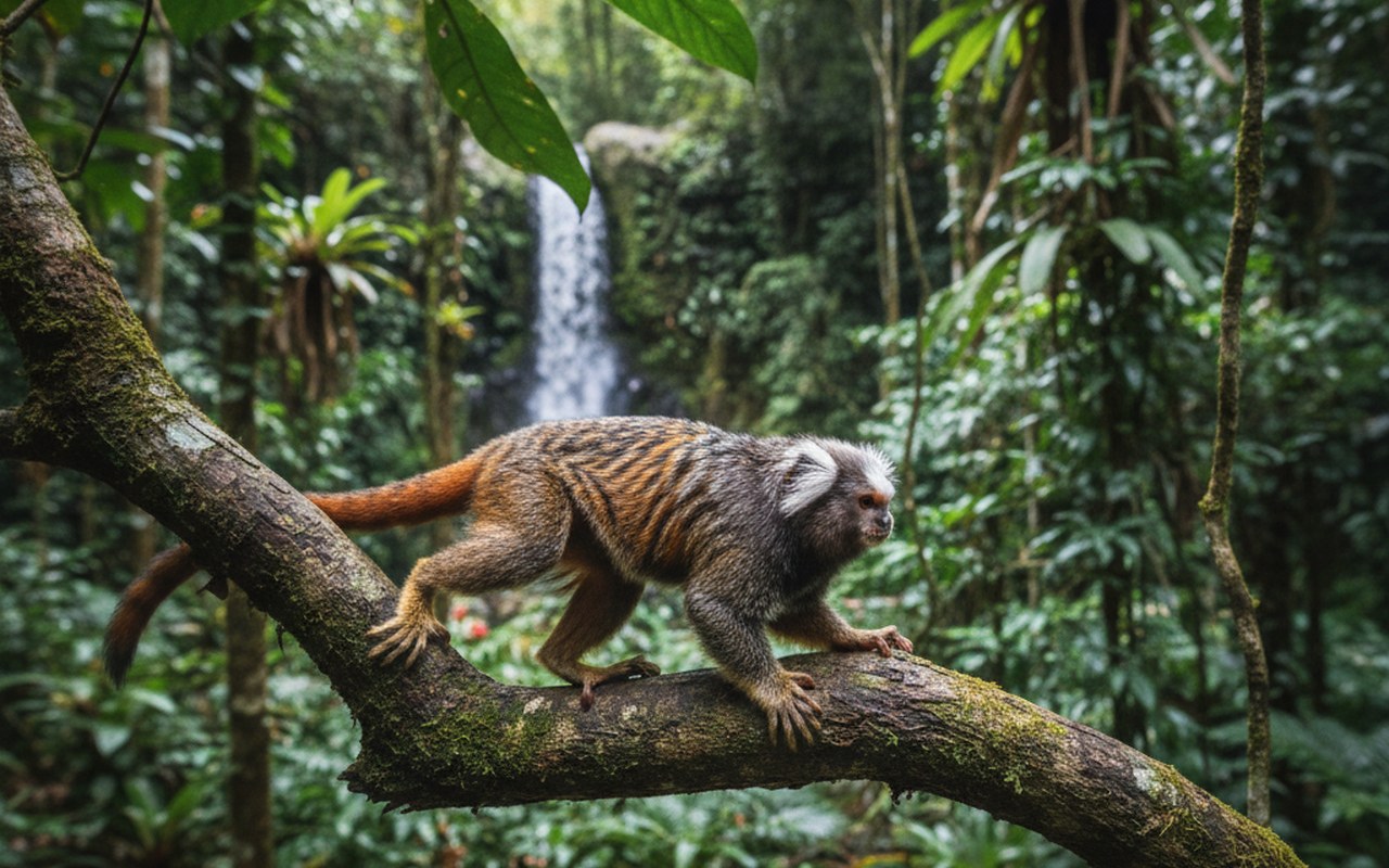 Un tamarin grimpant sur une branche dans une forêt tropicale.
